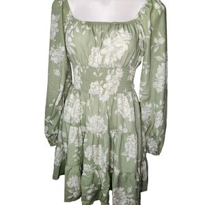 Green Floral Ruffled Dress Long Sleeve Size Large Off the Shoulder Boho